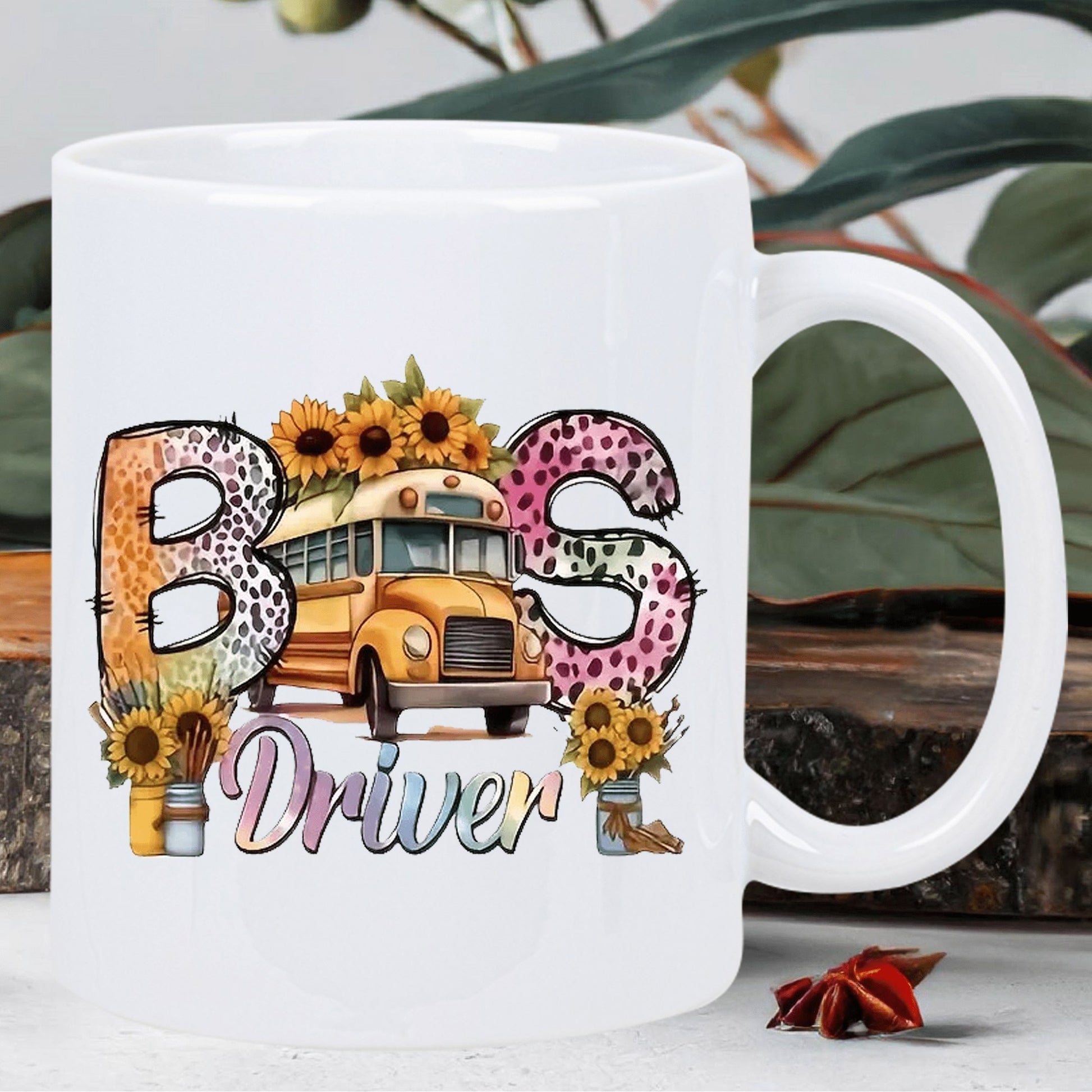 Tailorly White Ceramic 11 oz Mug - bus driver with sunflower design