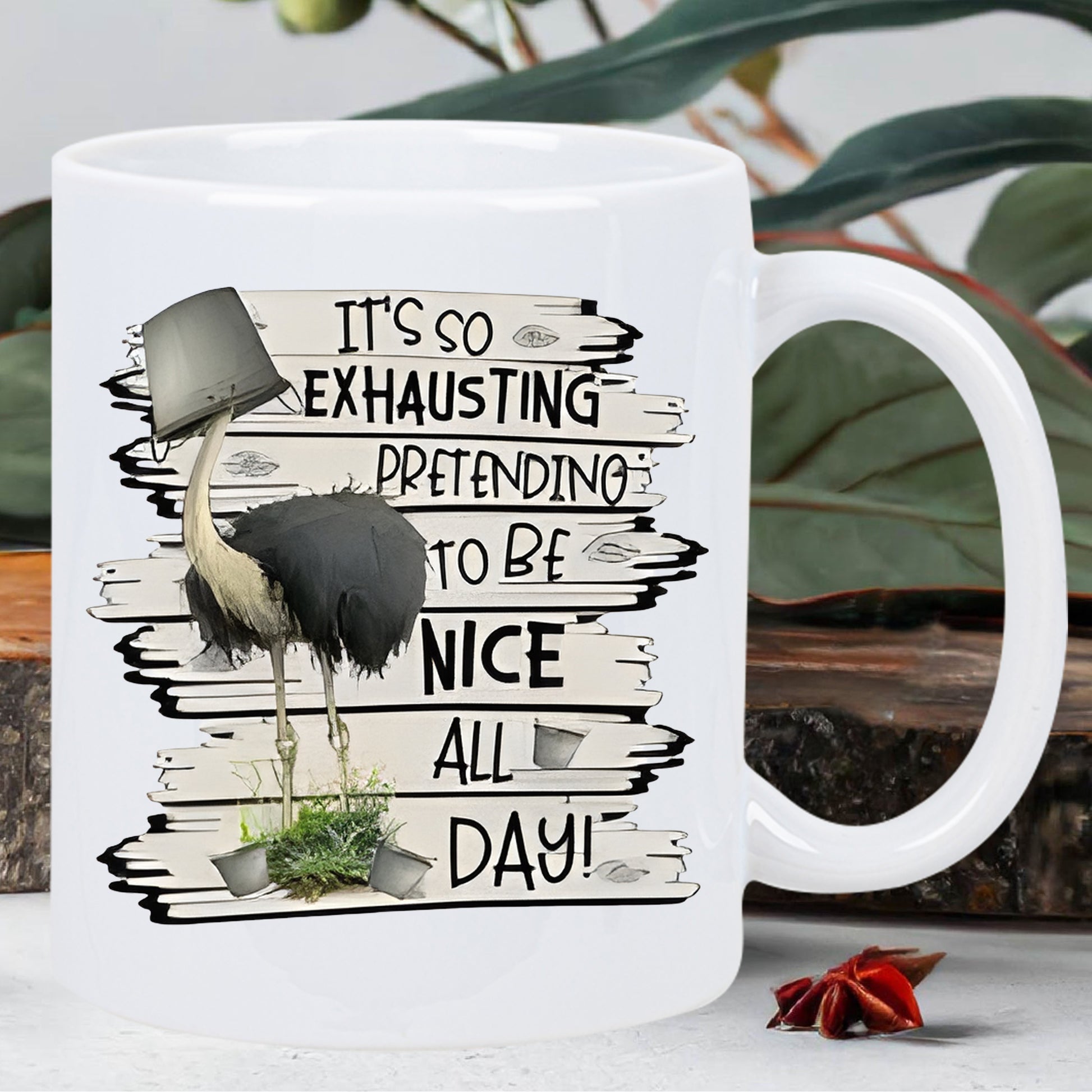 Tailorly White Ceramic 11 oz Mug - flamingo greenery illustration humorous quote