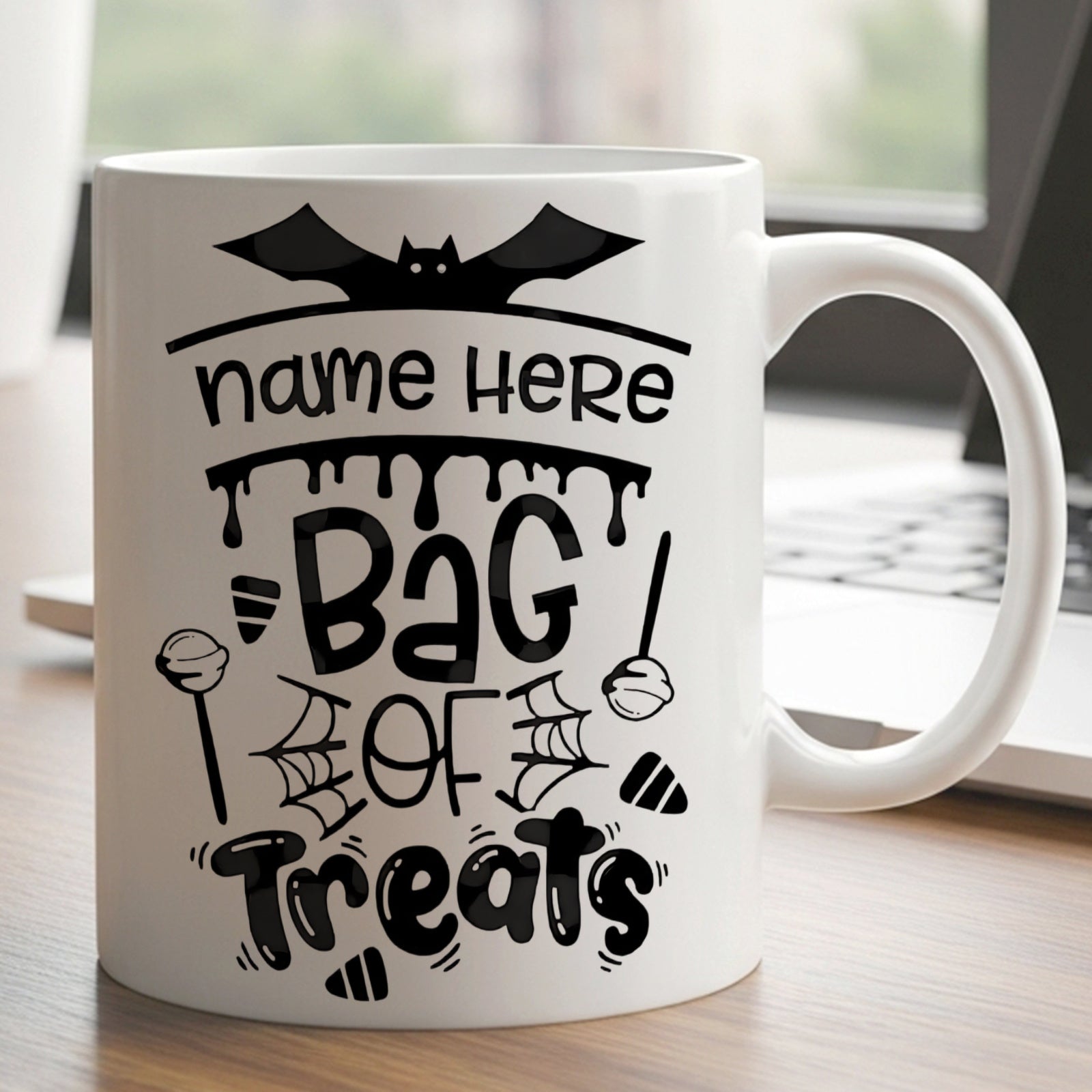 Tailorly White Ceramic 11 oz Mug - halloween themed coffee mug bag of treats pattern coffee cup spooky bat