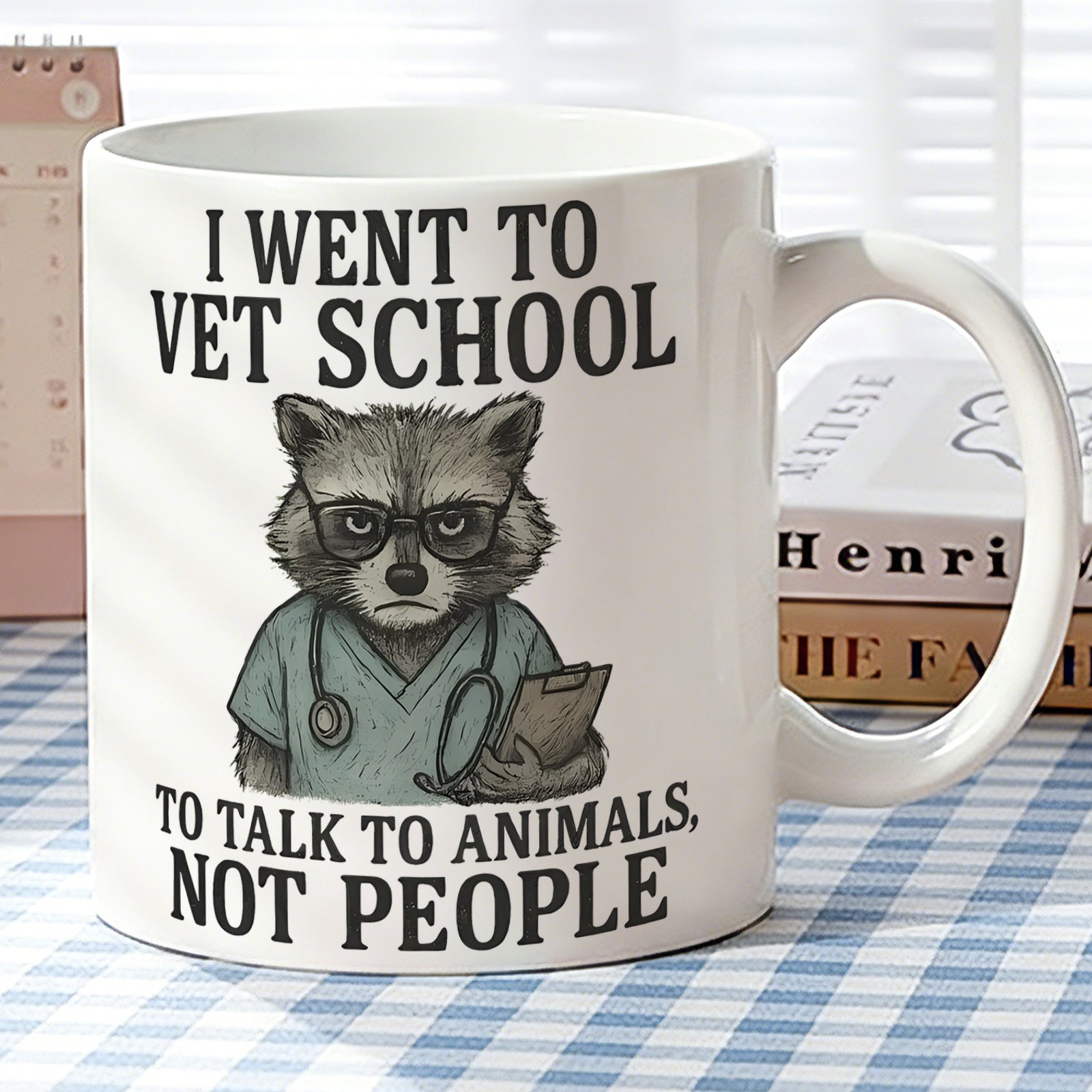 Tailorly White Ceramic 11 oz Mug - raccoon veterinarian print