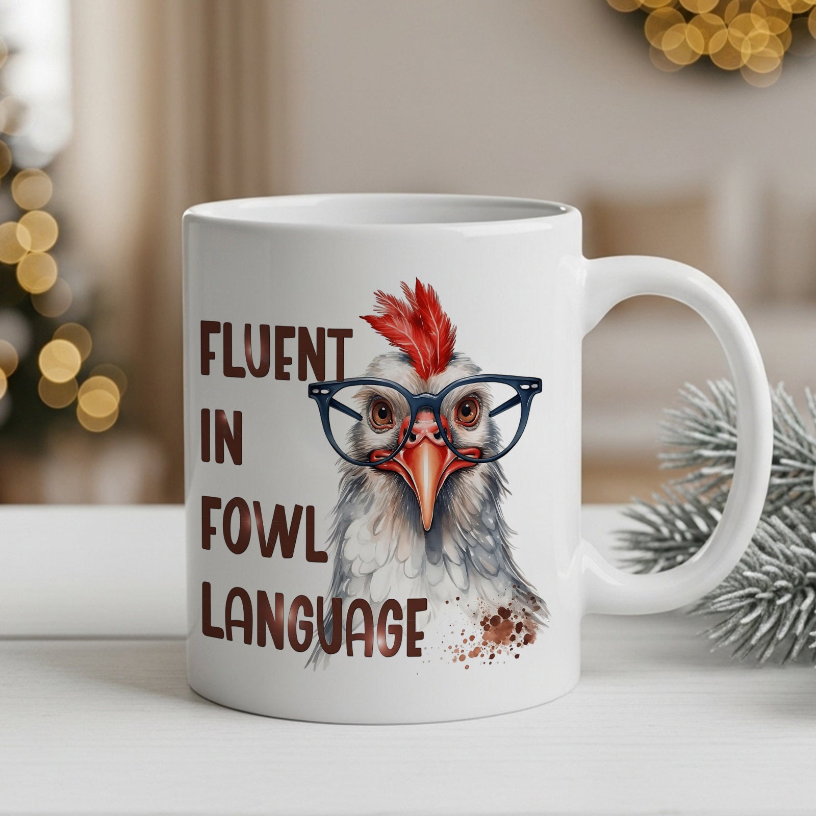 Tailorly White Ceramic 11 oz Mug - funny chicken with glasses and red