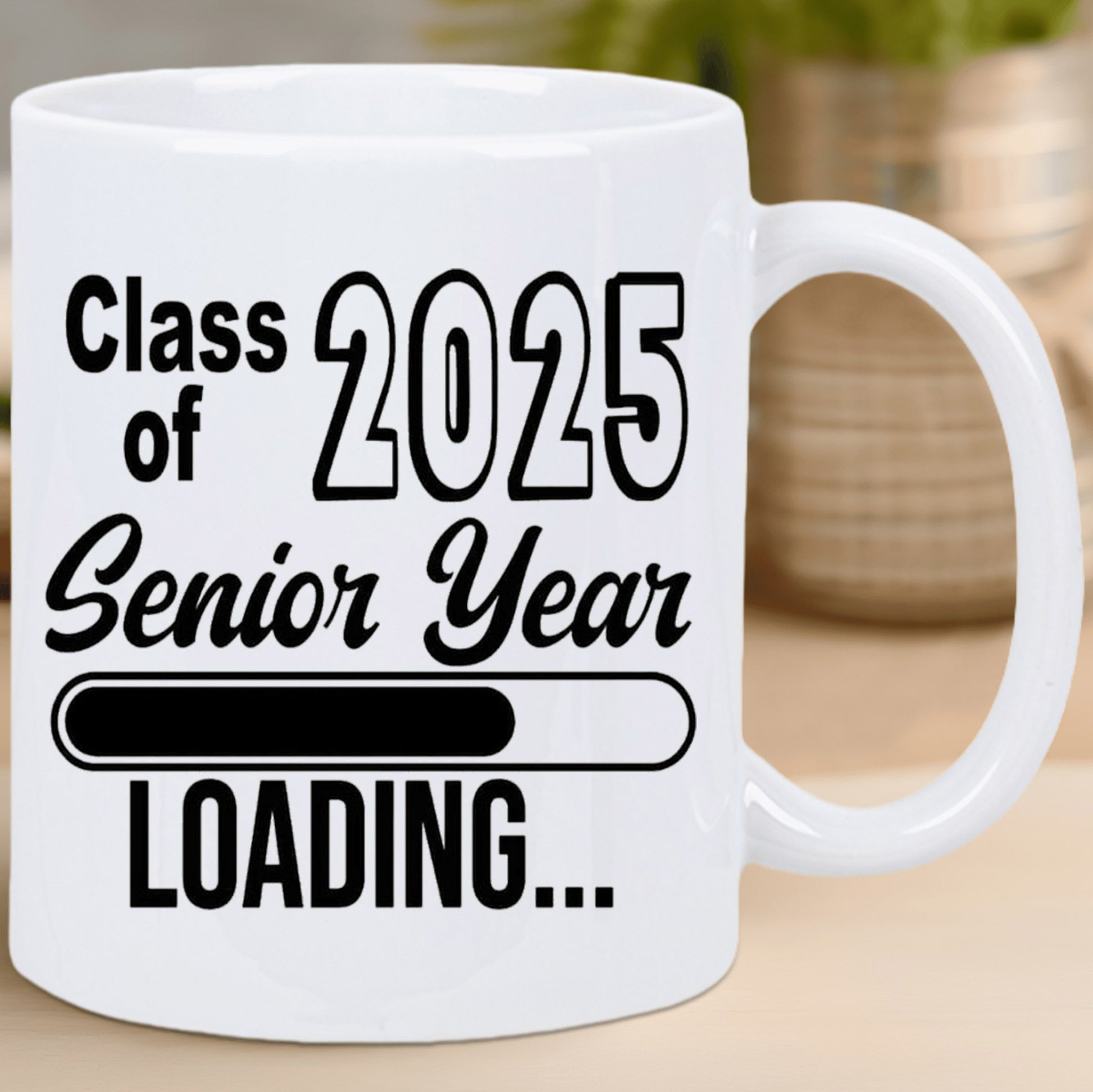 Tailorly White Ceramic 11 oz Mug - class of 2025 senior year text with black loading icon