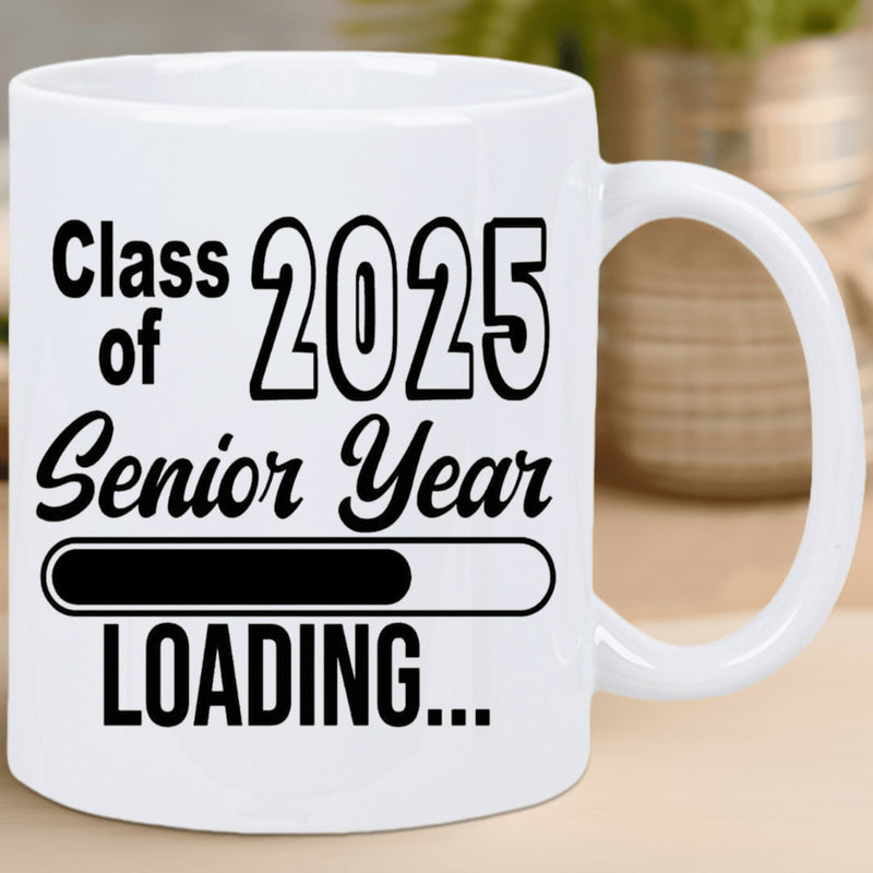 Tailorly White Ceramic 11 oz Mug - class of 2025 senior year text with black loading icon