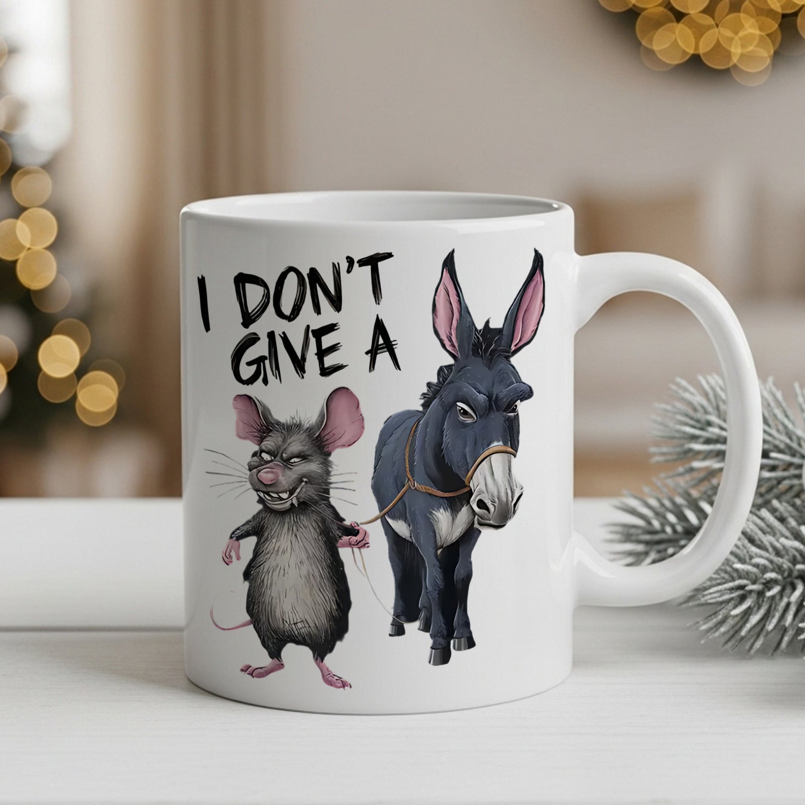 Tailorly White Ceramic 11 oz Mug - cute mouse and donkey with text "i dont give a"