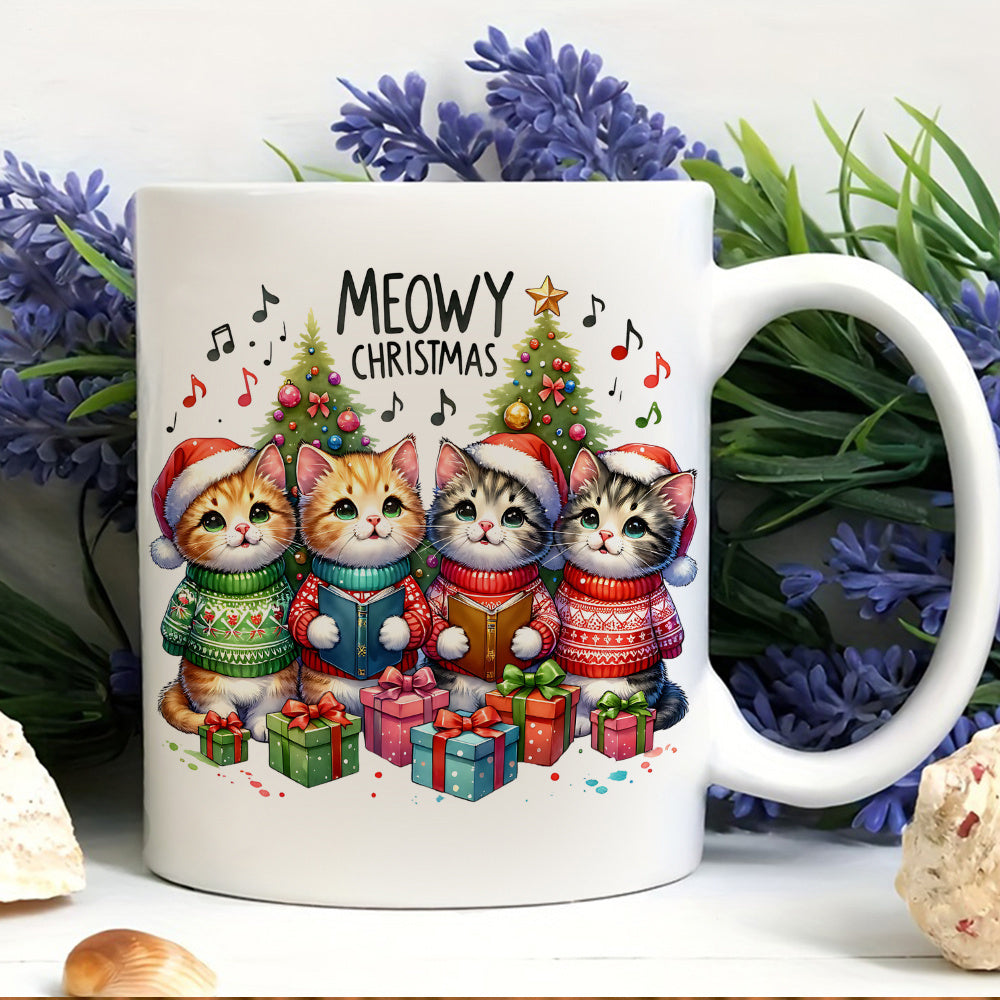 Tailorly White Ceramic 11 oz Mug - cute christmas cat with 4 kittens in santa hats and sweaters
