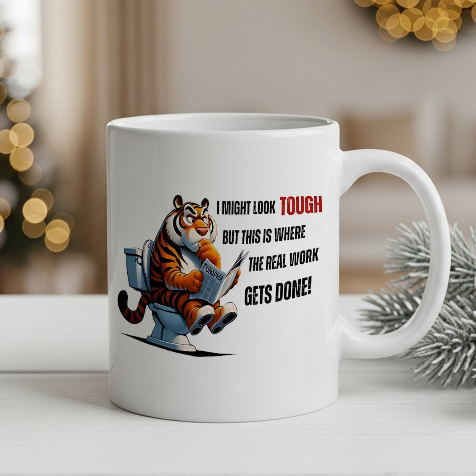 Tailorly White Ceramic 11 oz Mug - funny reading book on toilet with text "i might look tough but"