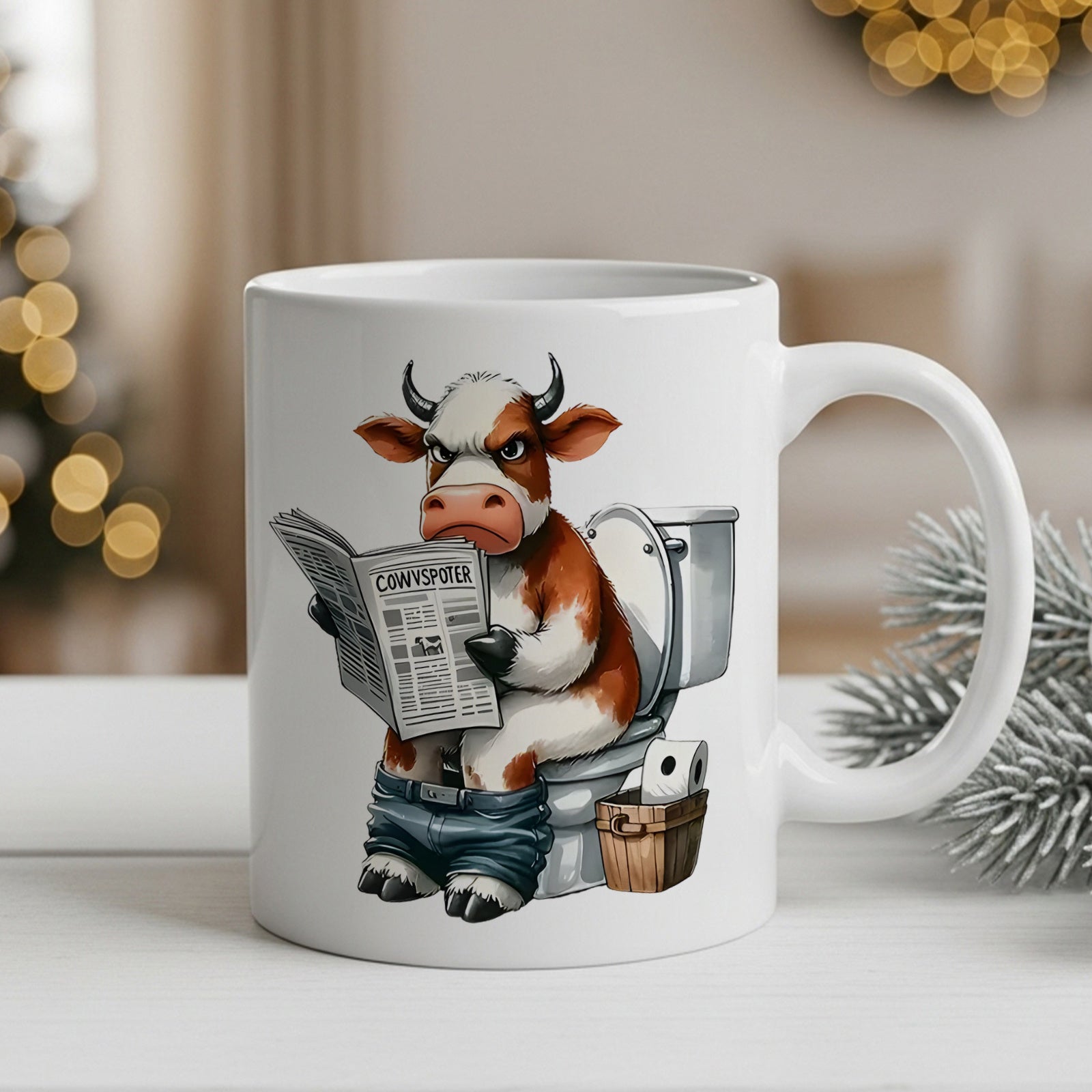 Tailorly White Ceramic 11 oz Mug - funny cow reading newspaper cartoon scottish highland cow