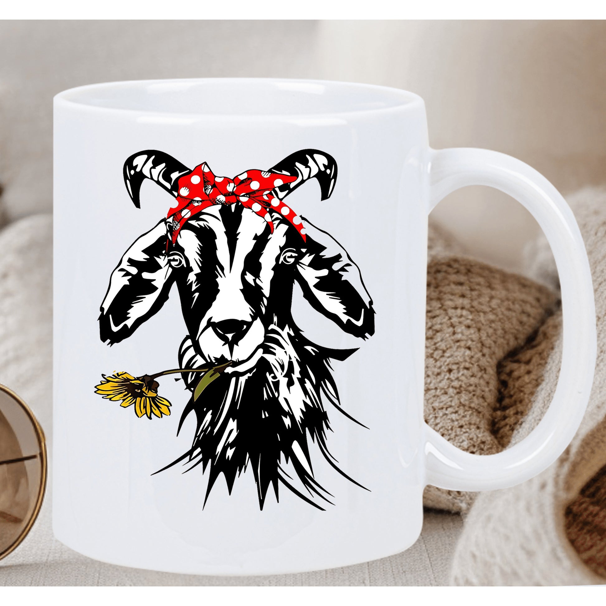 Tailorly White Ceramic 11 oz Mug - goat with bandana flower