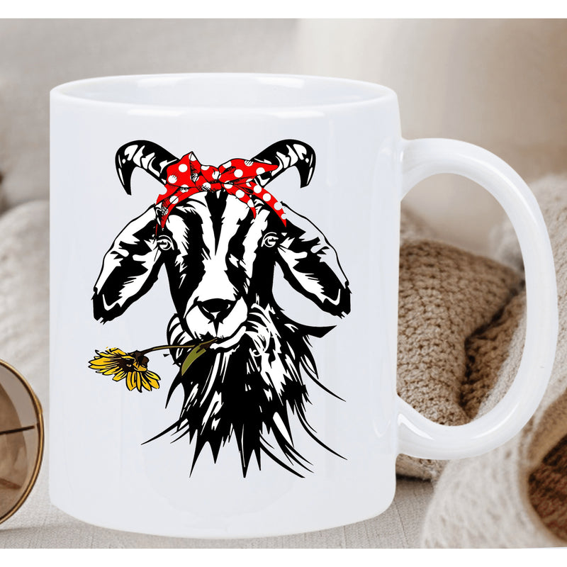Tailorly White Ceramic 11 oz Mug - goat with bandana flower