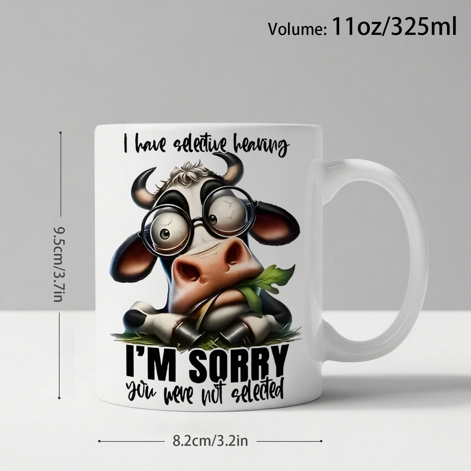 Tailorly White Ceramic 11 oz Mug - cute cow black white glasses funny i have saying farm animal
