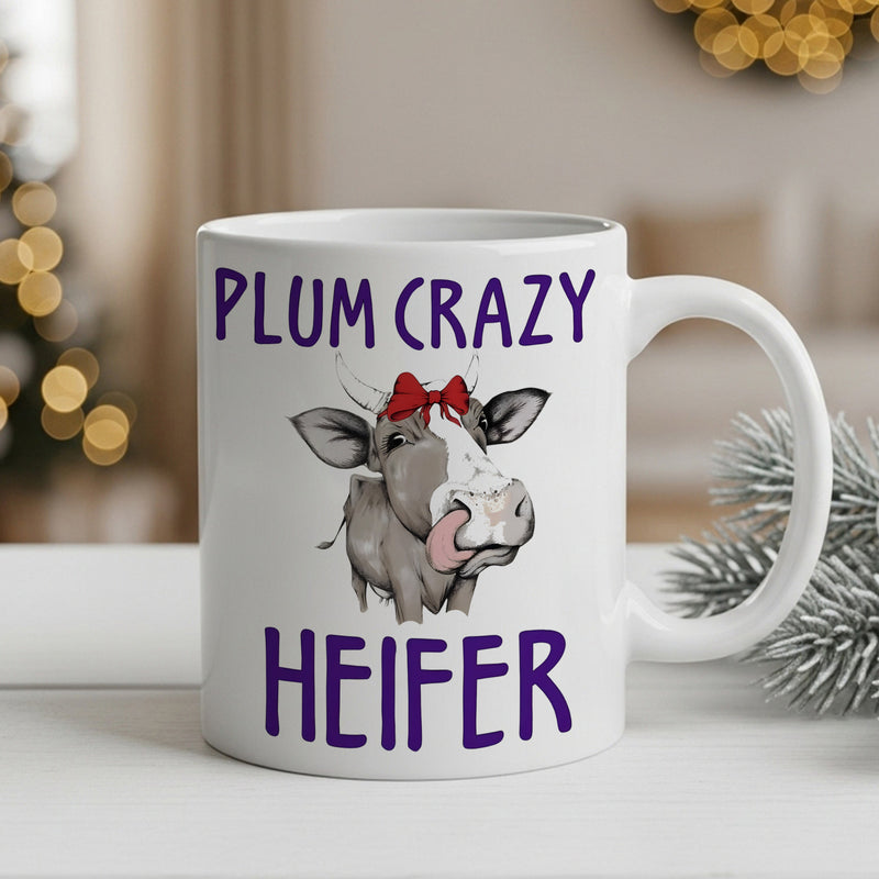 Tailorly White Ceramic 11 oz Mug - cartoon cow wearing red bow and tongue out