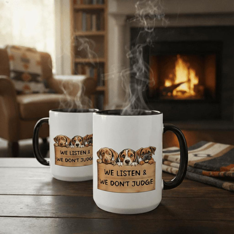Tailorly Black Accent 11 oz Mug - we dont judge dog lover text