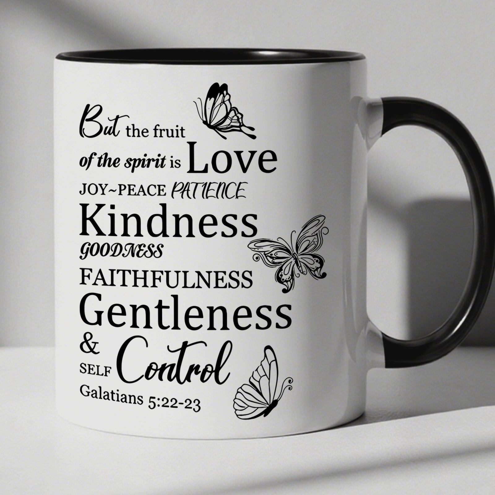 Tailorly Black Accent 11 oz Mug - christian bible verse with themes kindness faithfulness gentleness