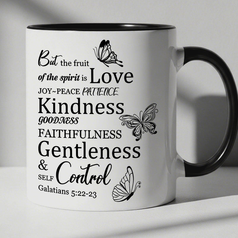 Tailorly Black Accent 11 oz Mug - christian bible verse with themes kindness faithfulness gentleness