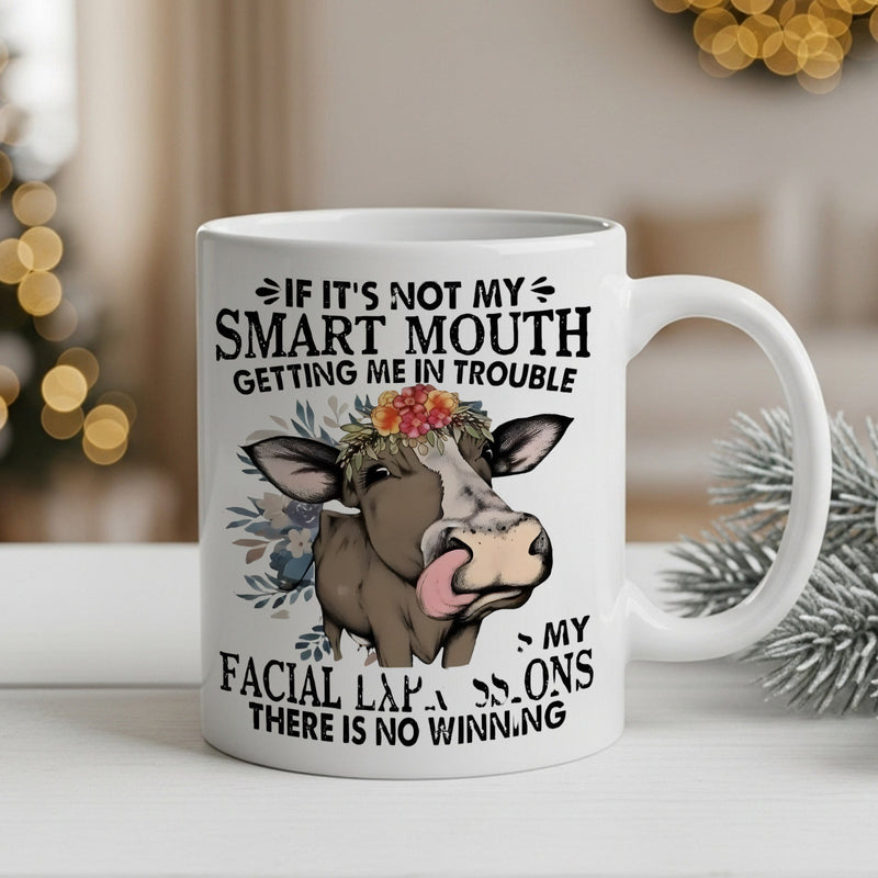 Tailorly White Ceramic 11 oz Mug - cow with floral wings and funny dairy pun quotes
