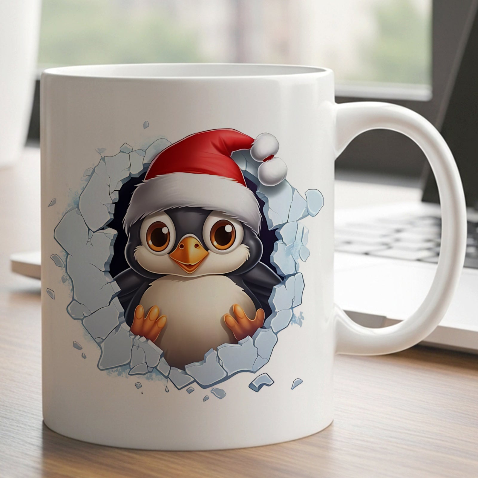 Tailorly White Ceramic 11 oz Mug - cute penguin with santa hat