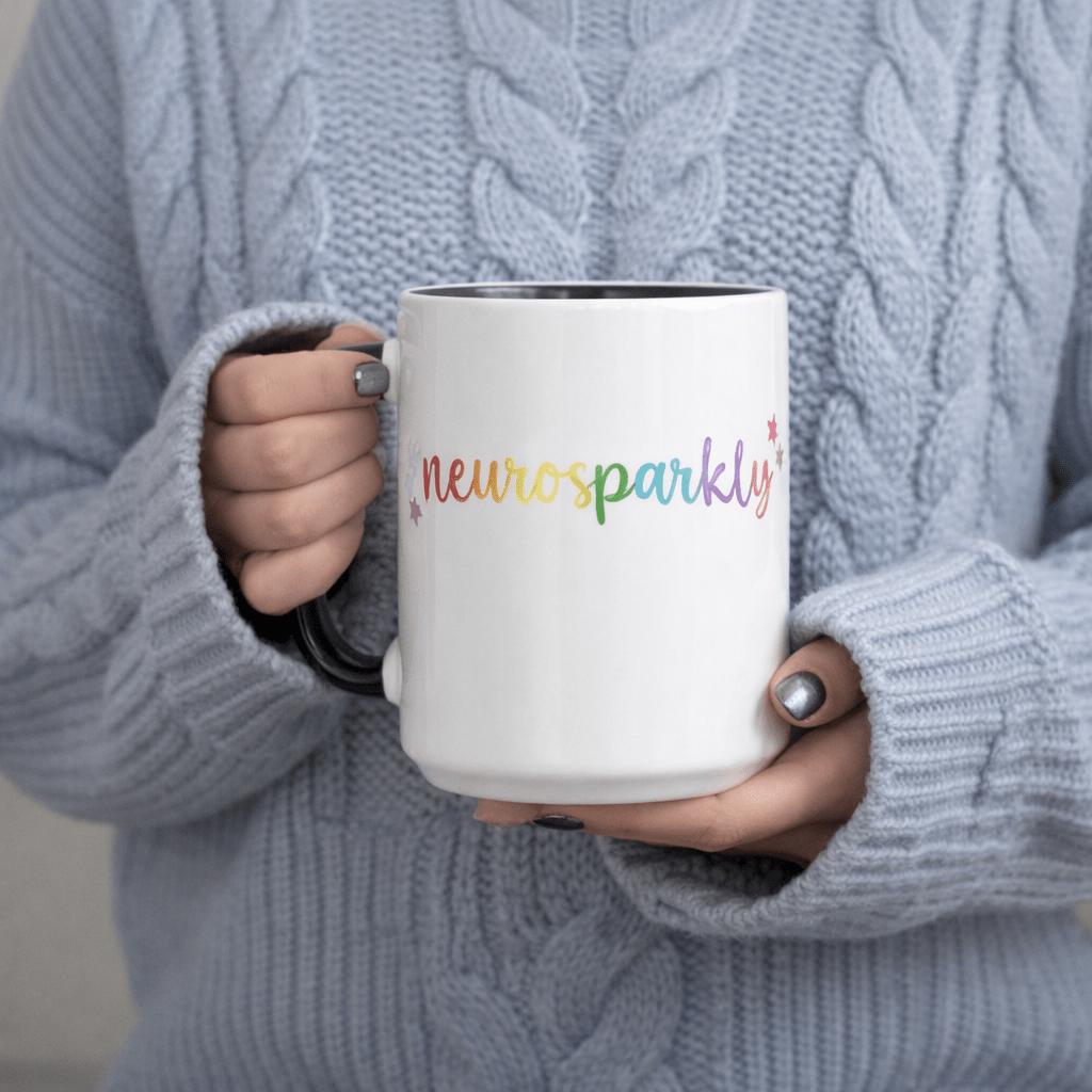 Tailorly Black Accent 11 oz Mug - rainbow with neurodivergent pride and awareness text