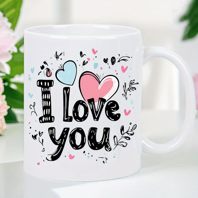 Tailorly White Ceramic 11 oz Mug - i love you with colorful hearts and floral accents