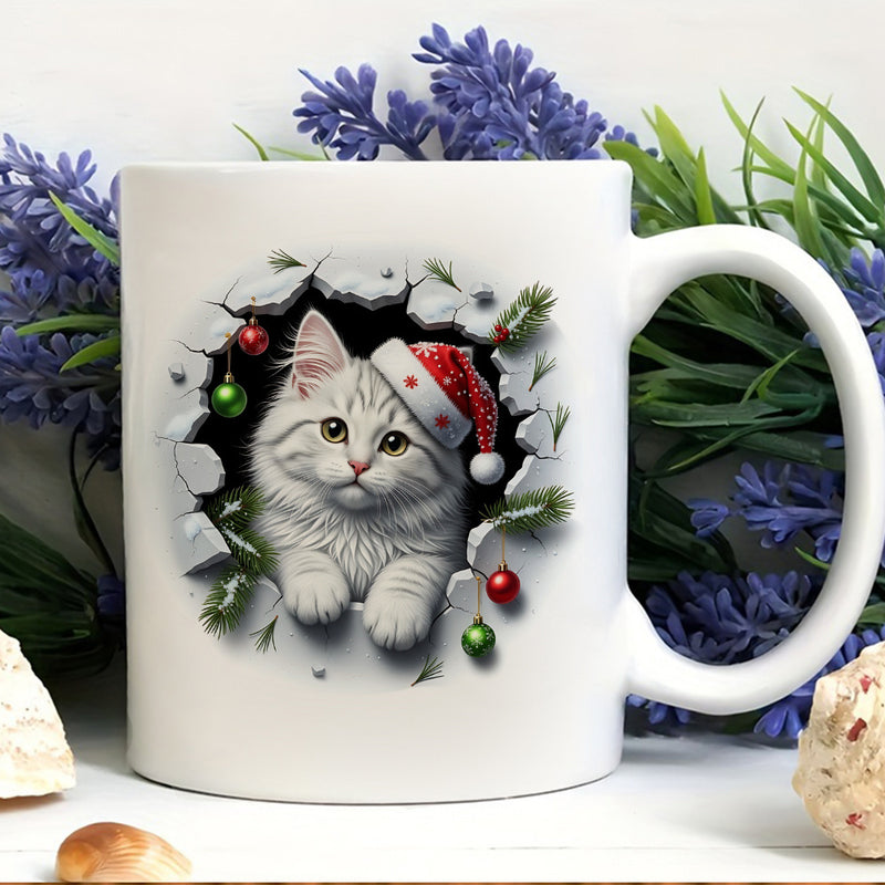 Tailorly White Ceramic 11 oz Mug - christmas cat with santa hat， xmas tree， snowflake