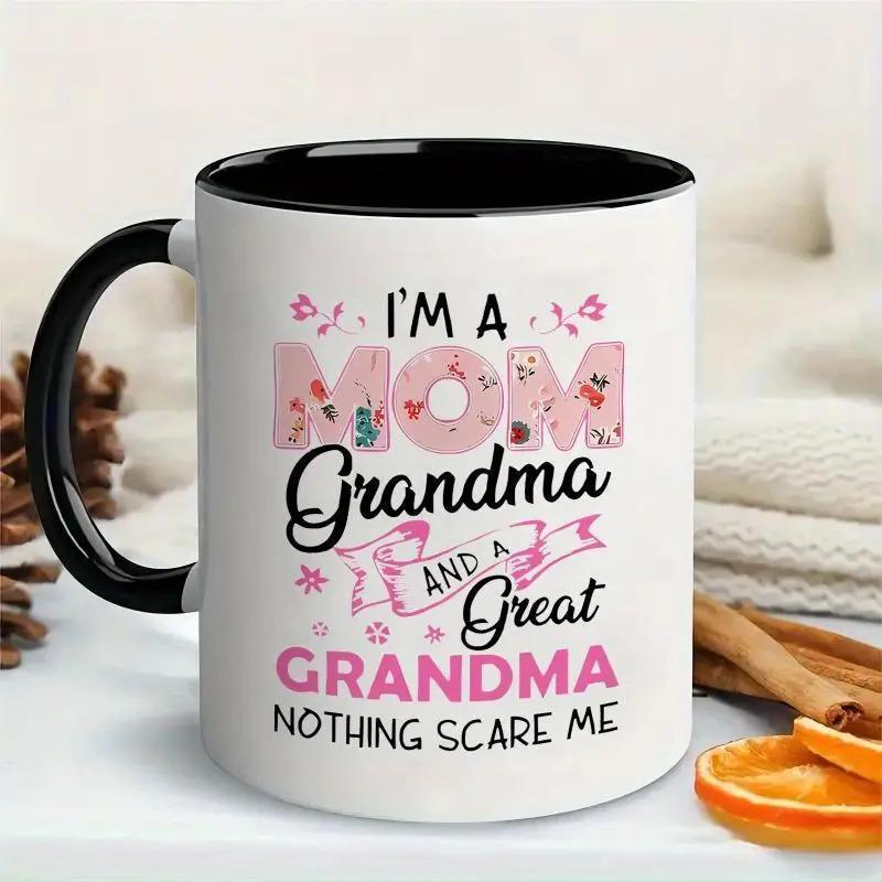 Tailorly Black Accent 11 oz Mug - "I'm a mom grandma great grandma scares me" text with floral pattern