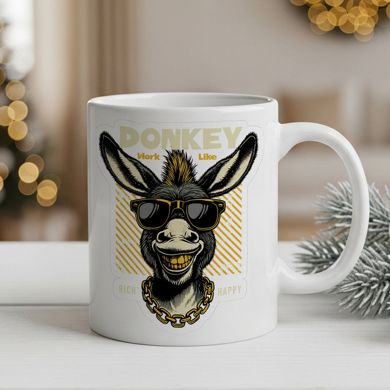 Tailorly White Ceramic 11 oz Mug - donkey with fashion glasses and chain pattern