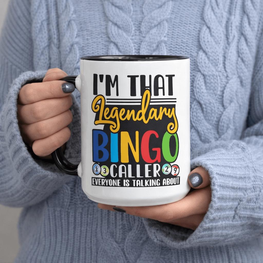 Tailorly Black Accent 11 oz Mug - "im that bingo caller everyone is talking about" text