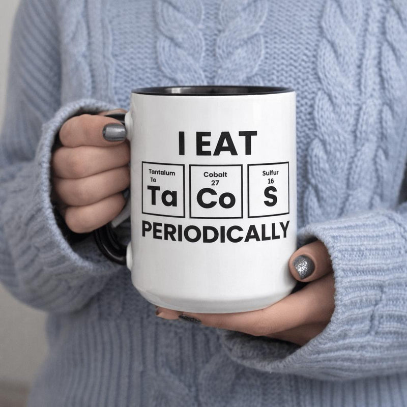 Tailorly Black Accent 11 oz Mug - vintage periodic table design tacos with text "making a great gift for coworkers"