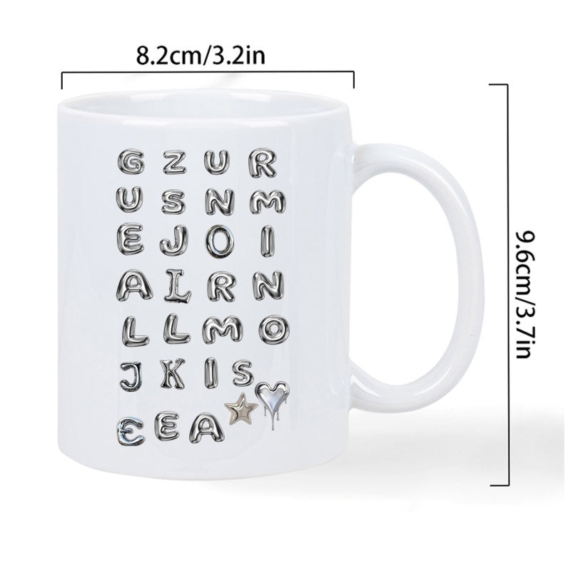 Tailorly White Ceramic 11 oz Mug - silvery foil balloon letter and print