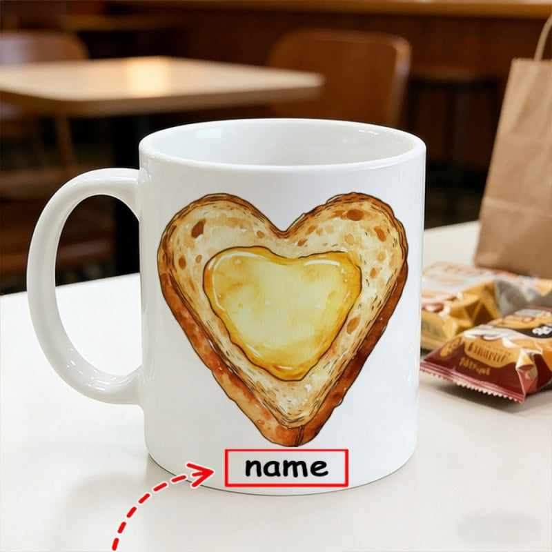 Tailorly White Ceramic 11 oz Mug - heart shaped toast honey ceramic mug cute toast and honeycomb pattern