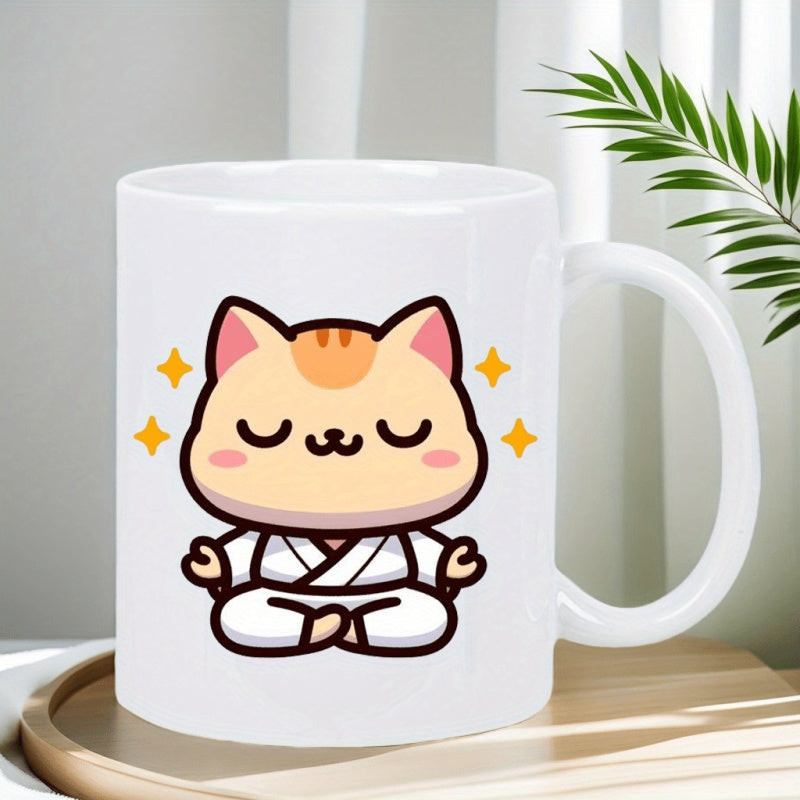 Tailorly White Ceramic 11 oz Mug - travel mug featuring a cute cat a meditation themed cup with a minimalist orange accent hot beverages its an