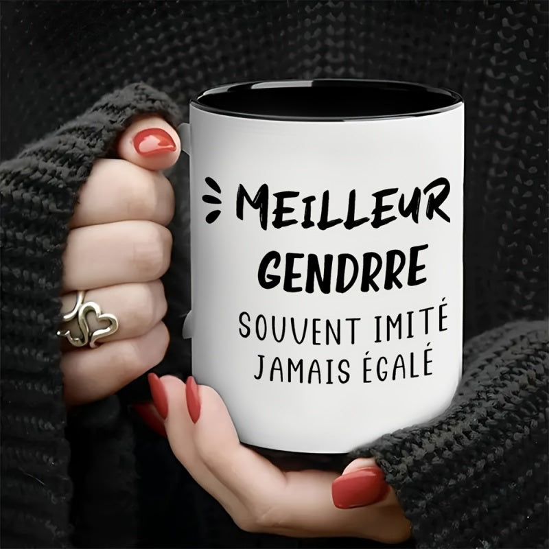 Tailorly Black Accent 11 oz Mug - coffee travel mug with minimalist slogan "meilleur gendre souvent"