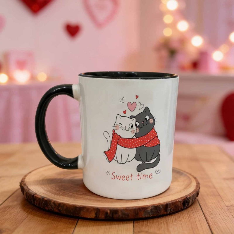 Tailorly Black Accent 11 oz Mug - cartoon of two cats in scarves