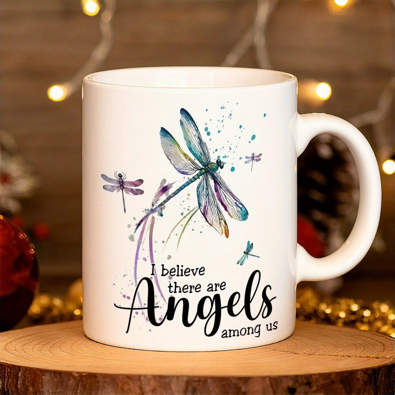 Tailorly White Ceramic 11 oz Mug - dragonfly with colorful watercolor wings and floral patterns