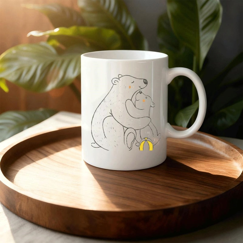 Tailorly White Ceramic 11 oz Mug - polar bears embracing a snowball