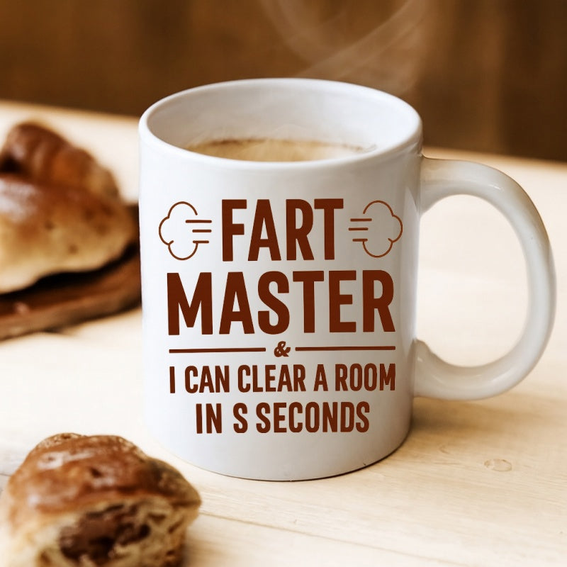 Tailorly White Ceramic 11 oz Mug - farting master text with humorous phrase "i can clean the room"