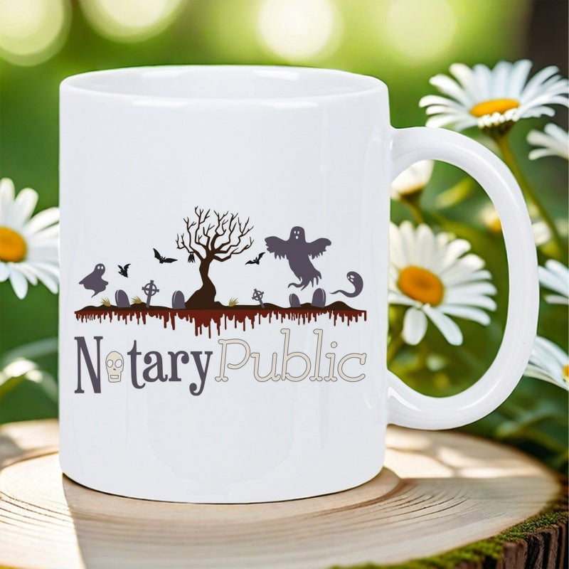 Tailorly White Ceramic 11 oz Mug - spooky white print Halloween Christmas golf office