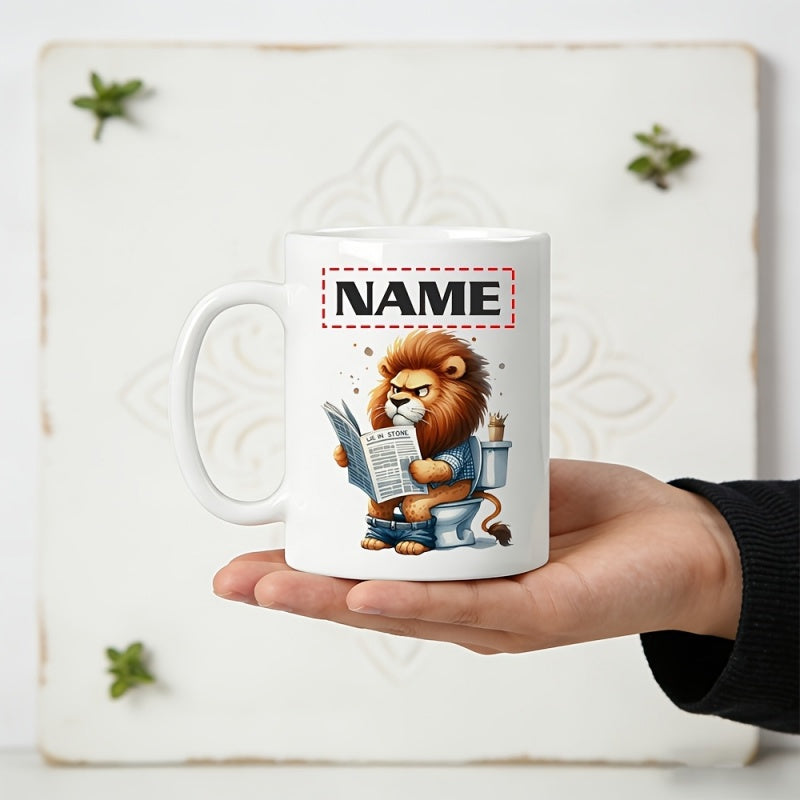 Tailorly White Ceramic 11 oz Mug - lion reading newspaper on toilet