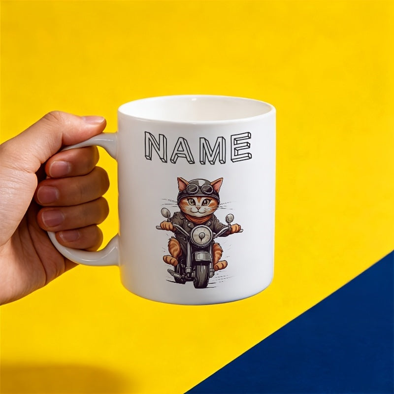 Tailorly White Ceramic 11 oz Mug - motorcycle cat