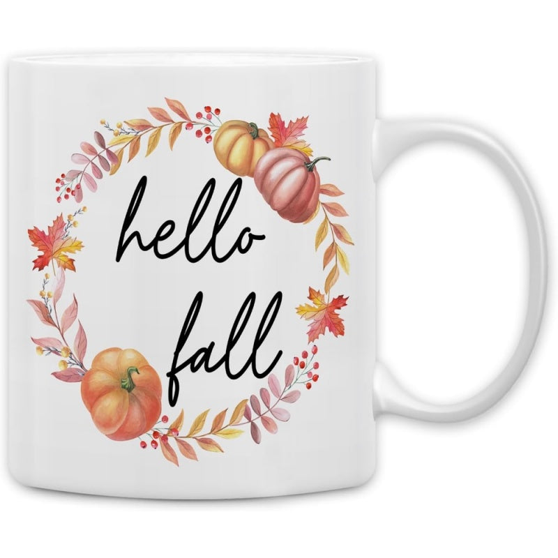 Tailorly White Ceramic 11 oz Mug - featuring a whimsical autumn design with pumpkins and leaves hot beverages this 11 oz ceramic mug a great seasonal