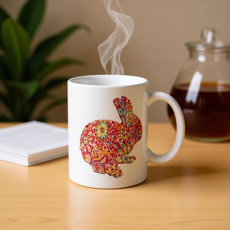 Tailorly White Ceramic 11 oz Mug - colorful floral easter bunny