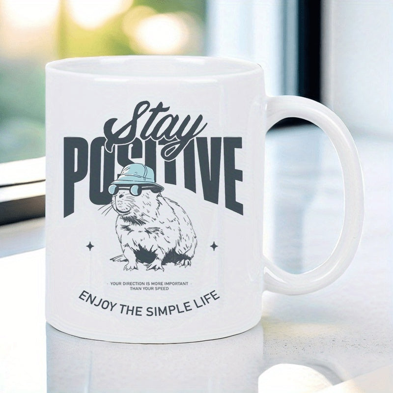 Tailorly White Ceramic 11 oz Mug - hamster art with "stay positive" text