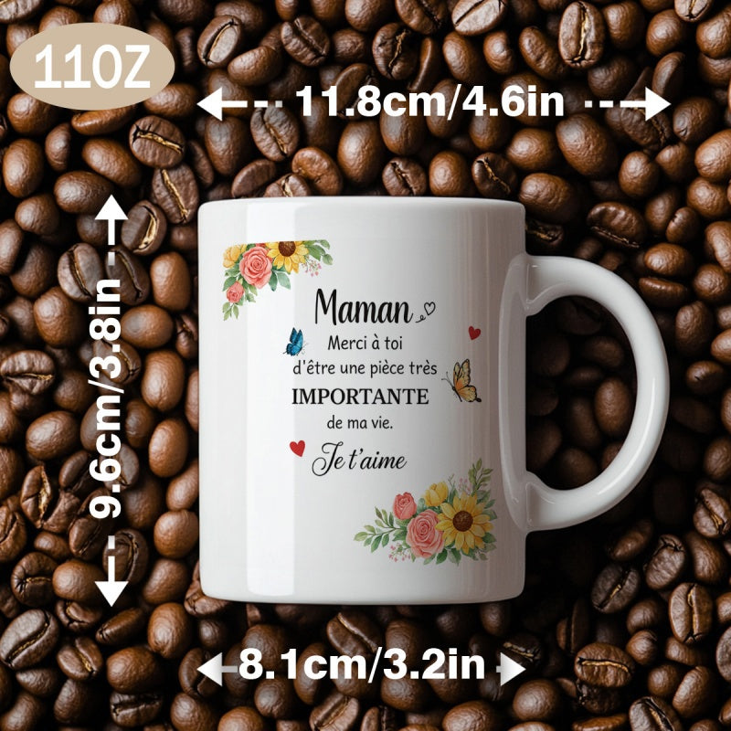 Tailorly White Ceramic 11 oz Mug - french quote "maman" with floral design