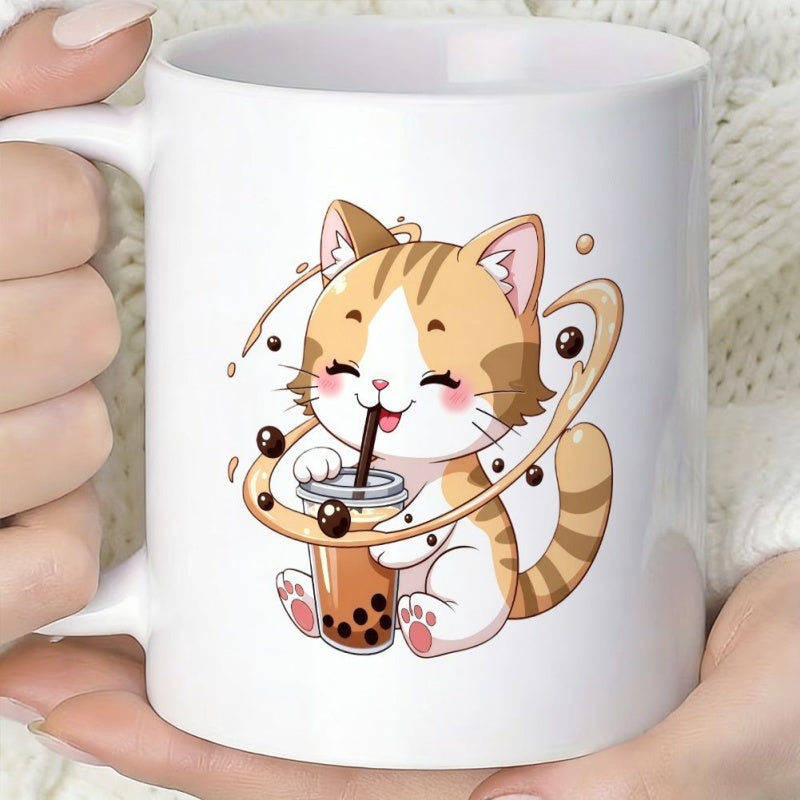 Tailorly White Ceramic 11 oz Mug - boba tea cup with cat illustration