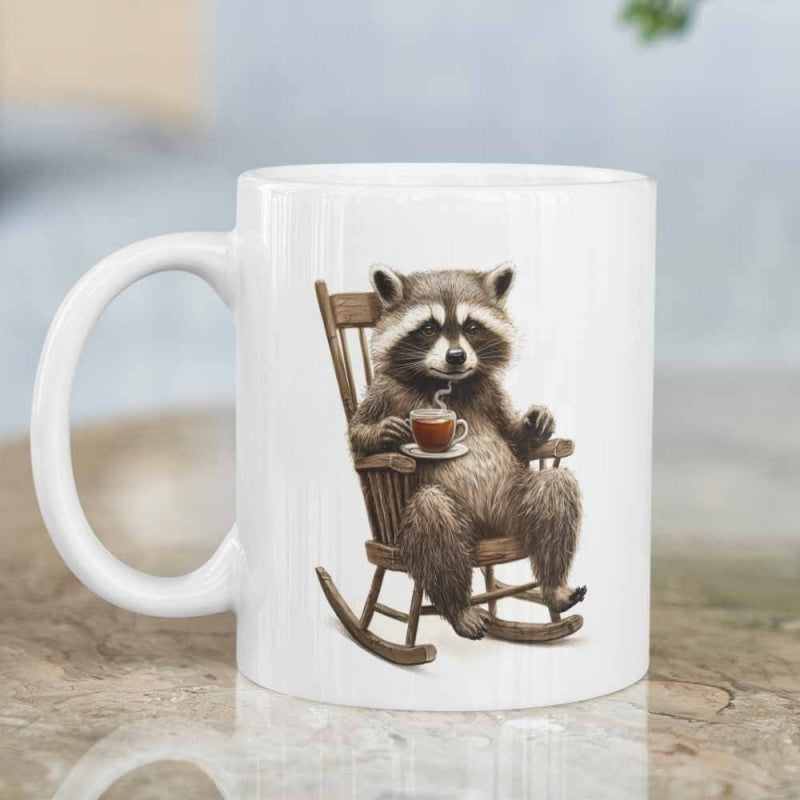 Tailorly White Ceramic 11 oz Mug - illustration of a raccoon in a rocking chair