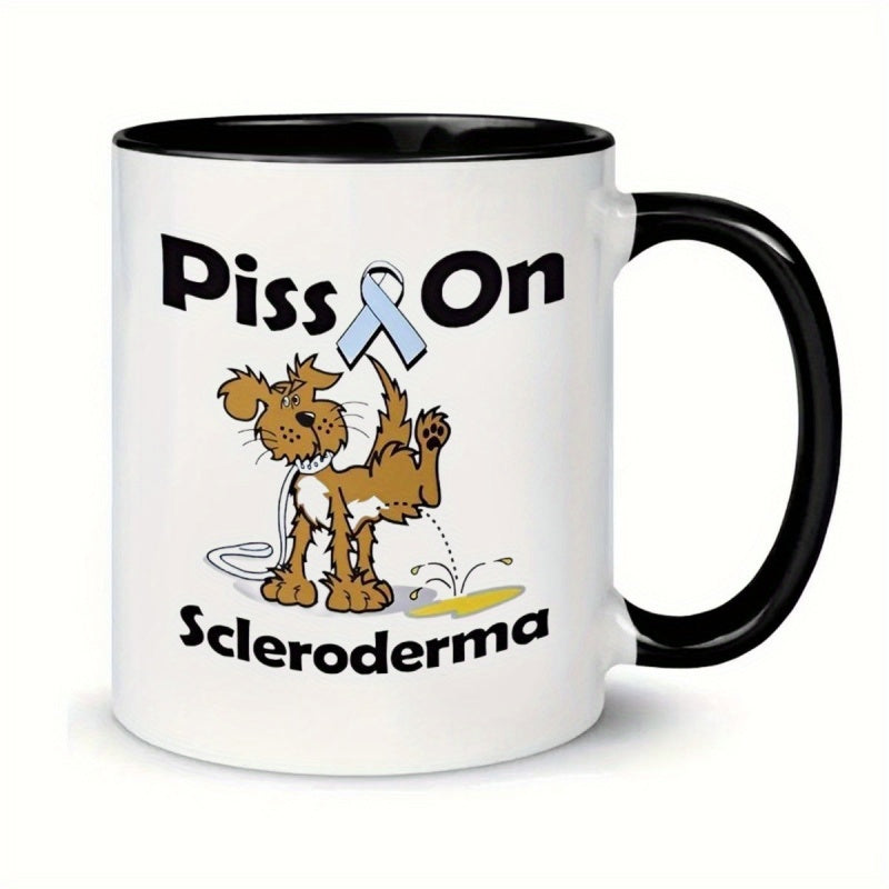 Tailorly Black Accent 11 oz Mug - cartoon dog with blue ribbon and humorous scleroderma awareness design