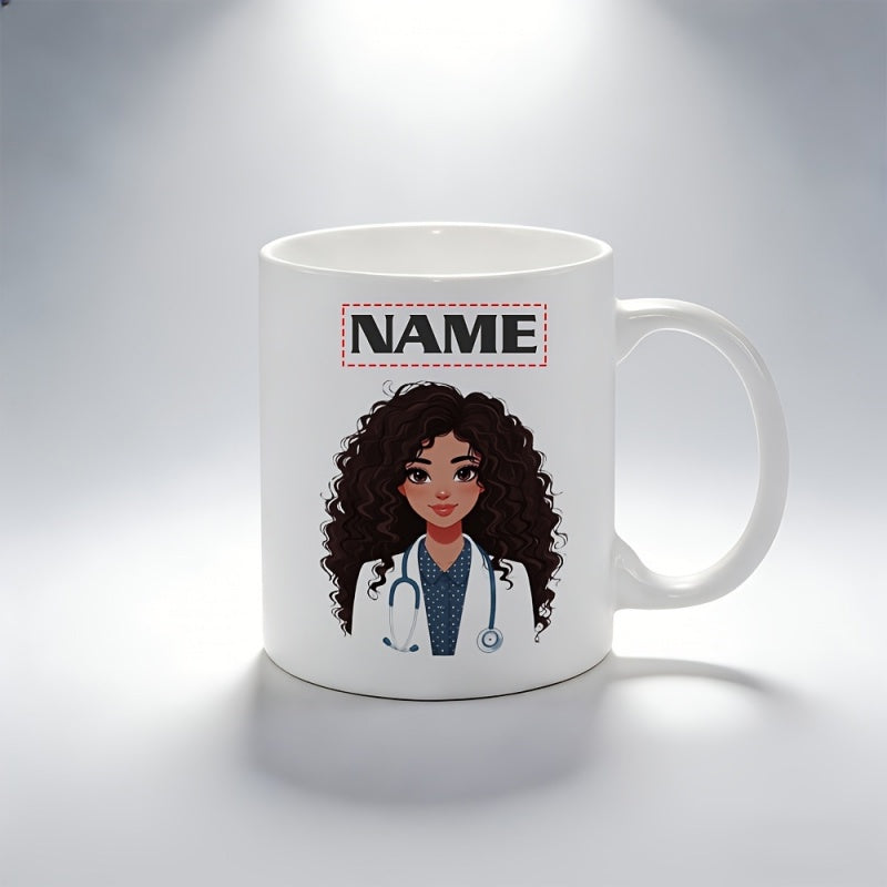 Tailorly White Ceramic 11 oz Mug - q version female cartoon with stethoscope element