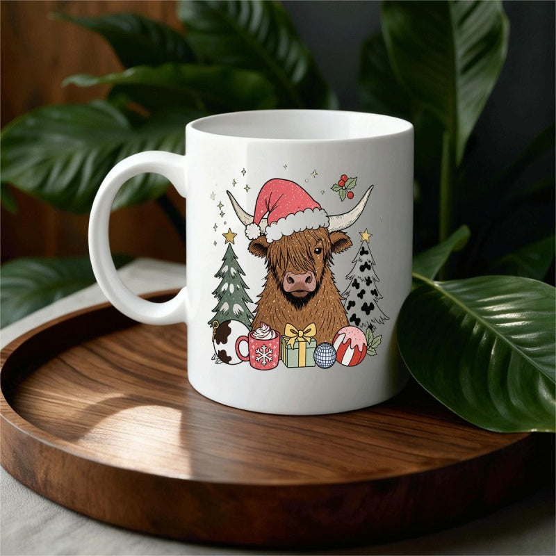 Tailorly White Ceramic 11 oz Mug - adorable 11 of a scottish highland cow in a santa hat with snowflakes