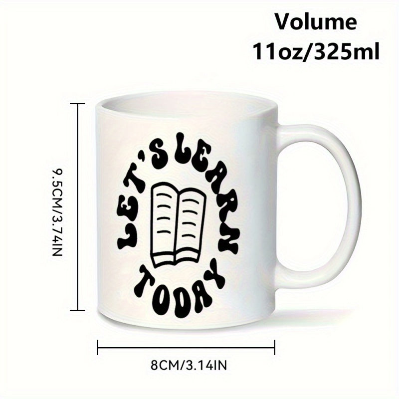 Tailorly White Ceramic 11 oz Mug - motivational book themed design with text "lets learn today"
