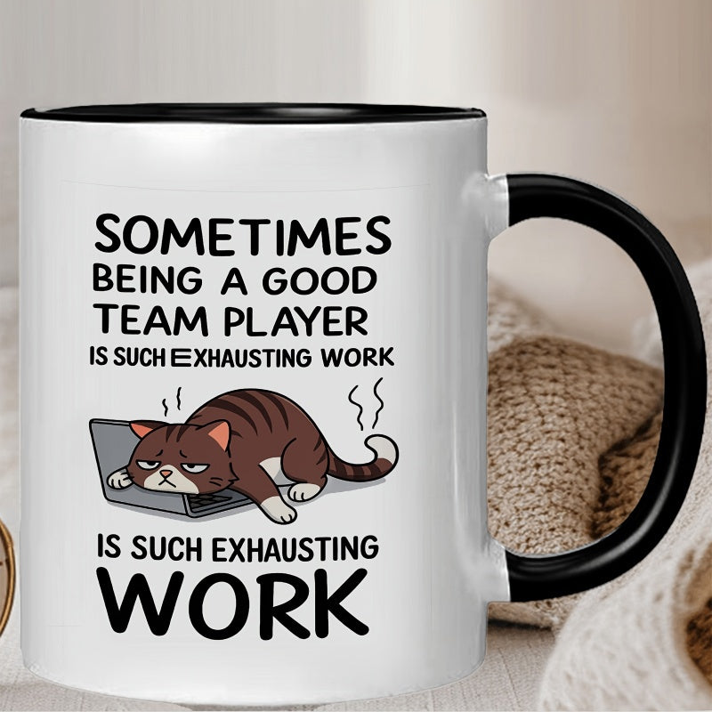 Tailorly Black Accent 11 oz Mug - funny lazy cat sleeping on laptop being a good team player
