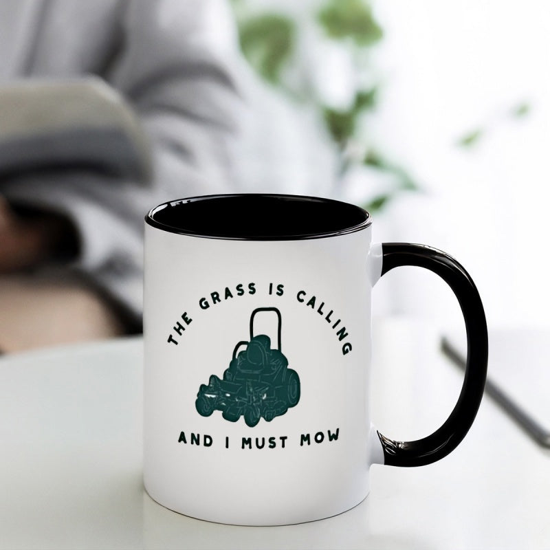 Tailorly Black Accent 11 oz Mug - funny lawn mowing text and lawn mower illustration